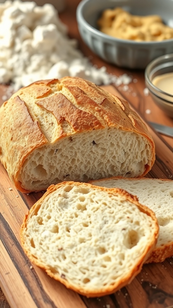 Homemade Sourdough Bread Recipe A golden-brown crusty loaf of sourdough bread on a cutting board with slices cut to show the texture.